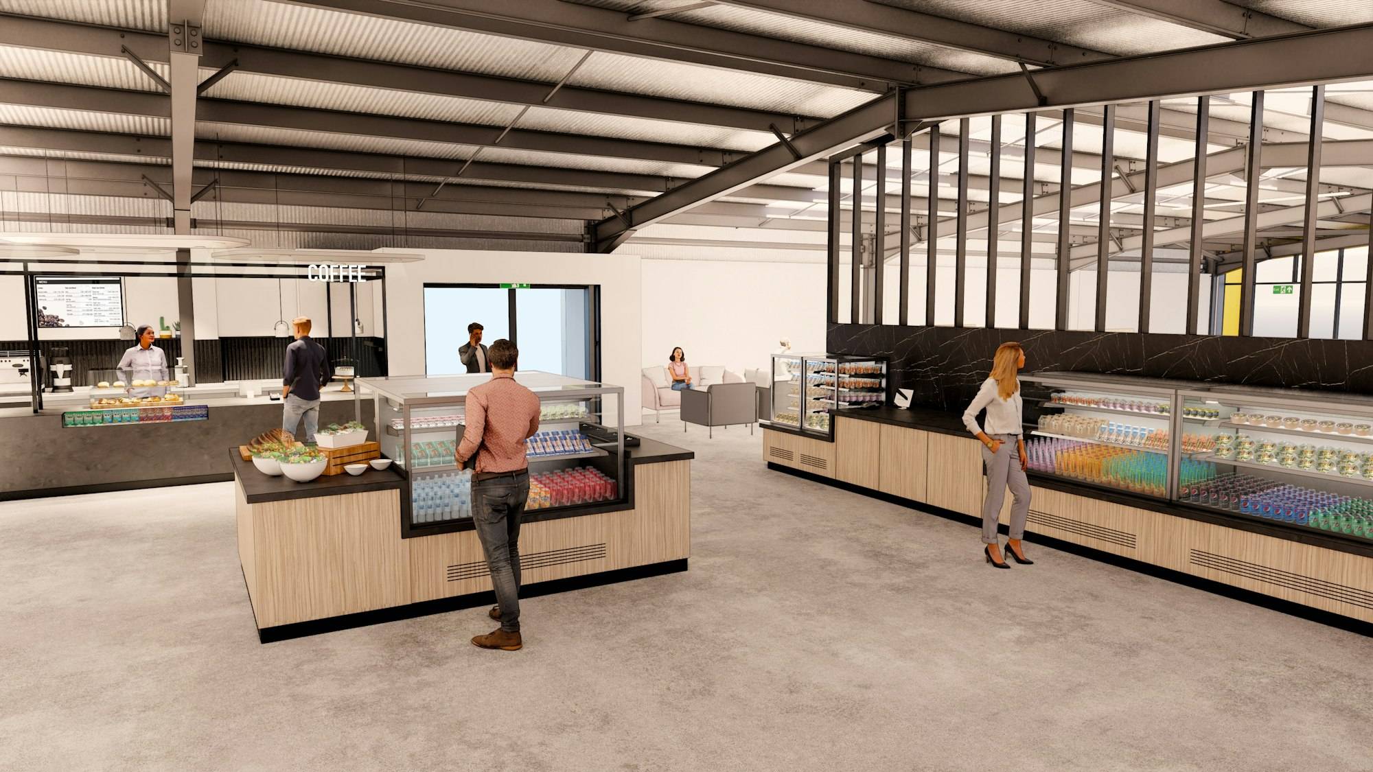 A modern cafe fit-out with refrigerated display cabinets and a coffee counter