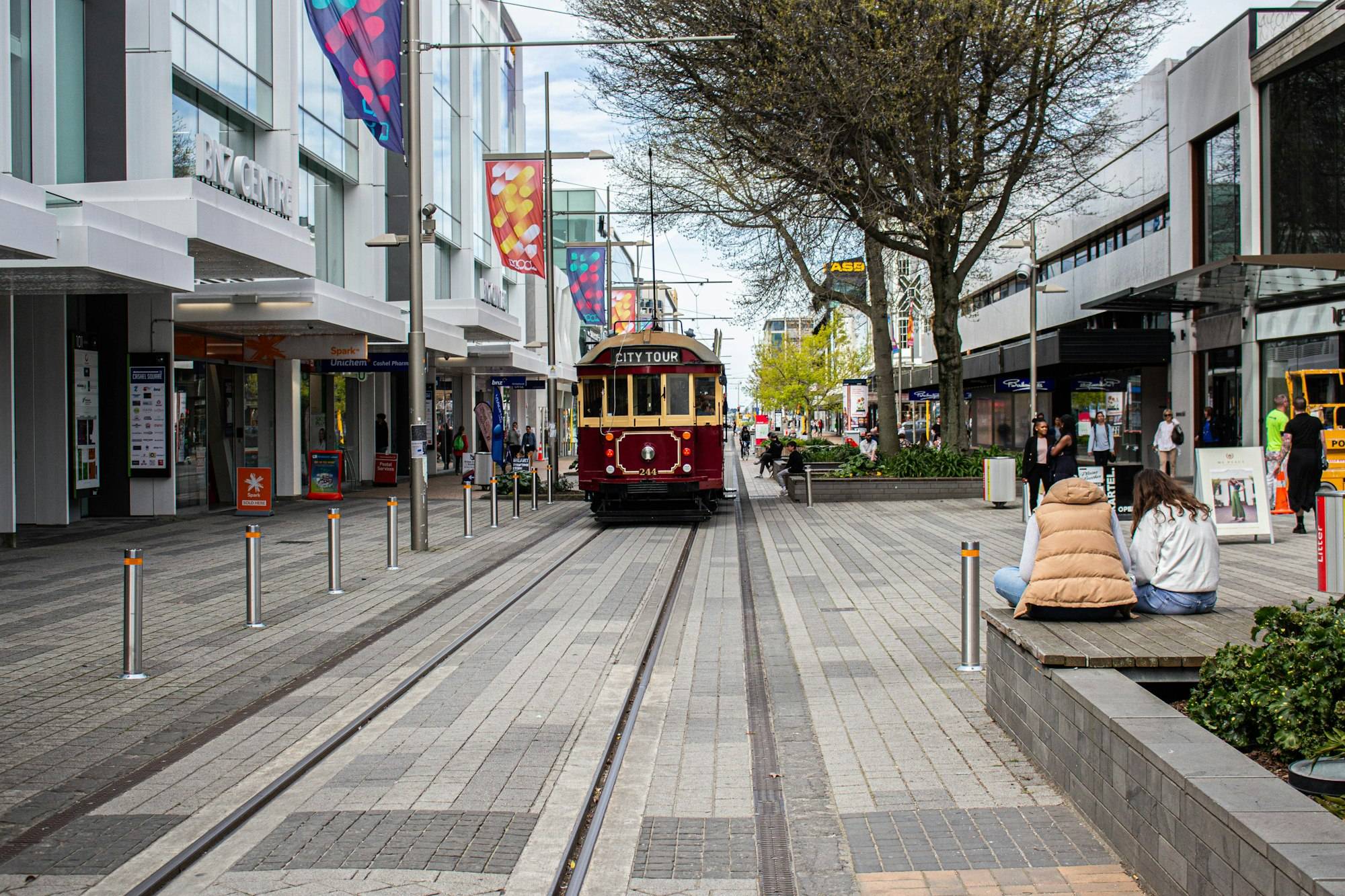 A heritage tram running through Christchurch's city centre